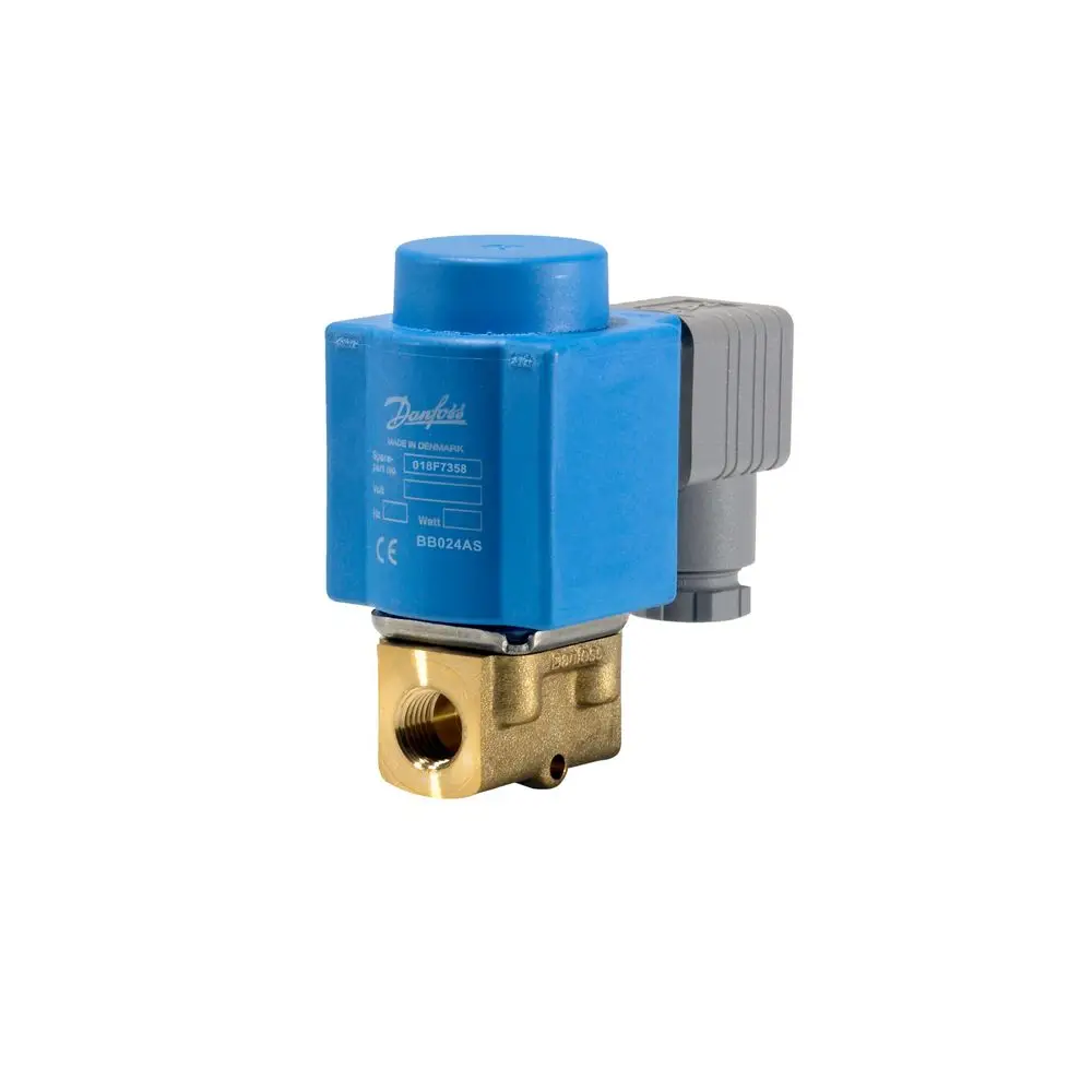 Magnetventil von Danfoss mit blauem Gehäuse und goldfarbenem Anschluss. Gerät zur Steuerung von Flüssigkeitsströmen, konzipiert für den Einsatz in verschiedenen Anwendungen.